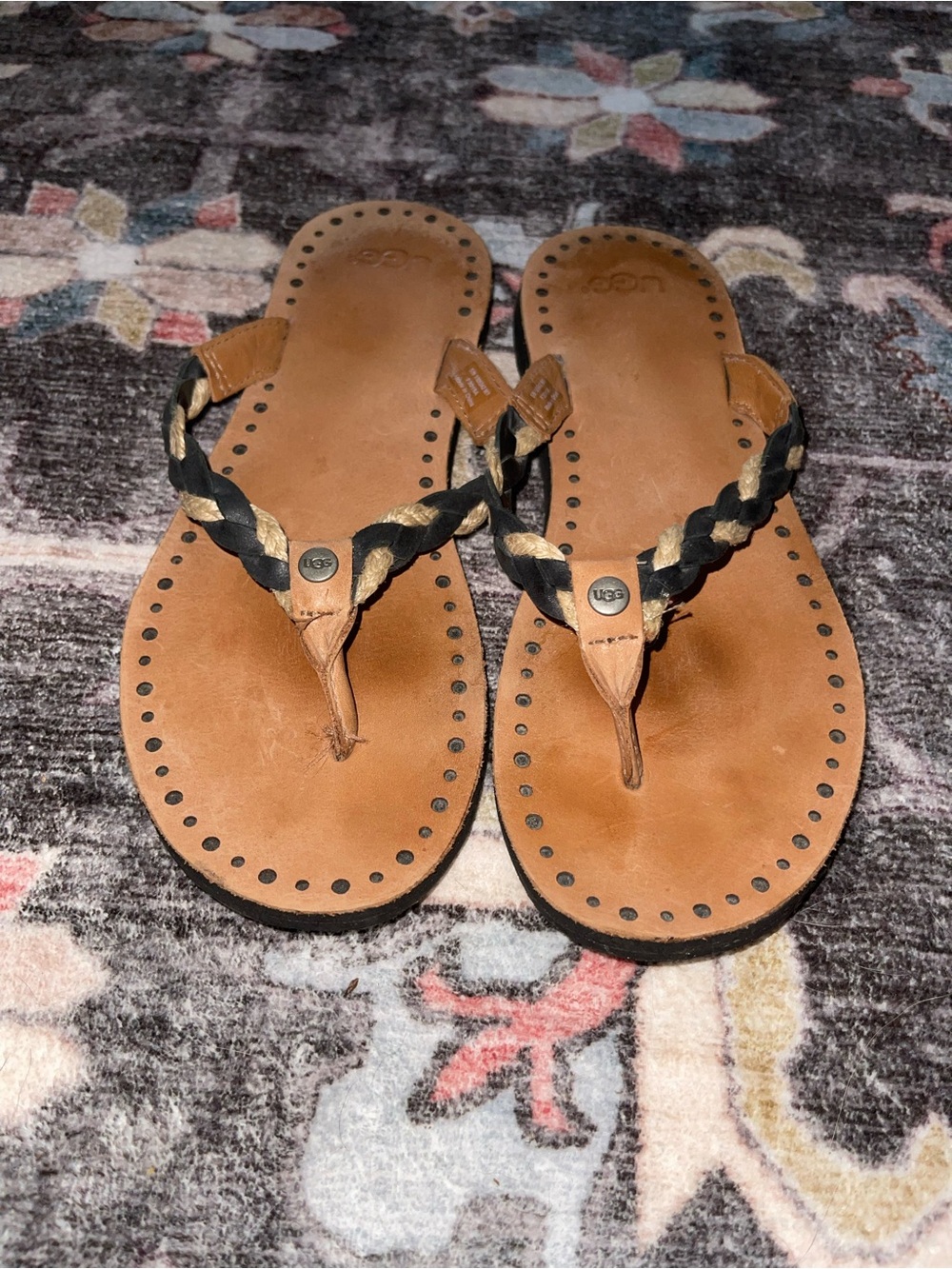 UGG Women's Tan Leather Braided Thong Sandals with Black Accents